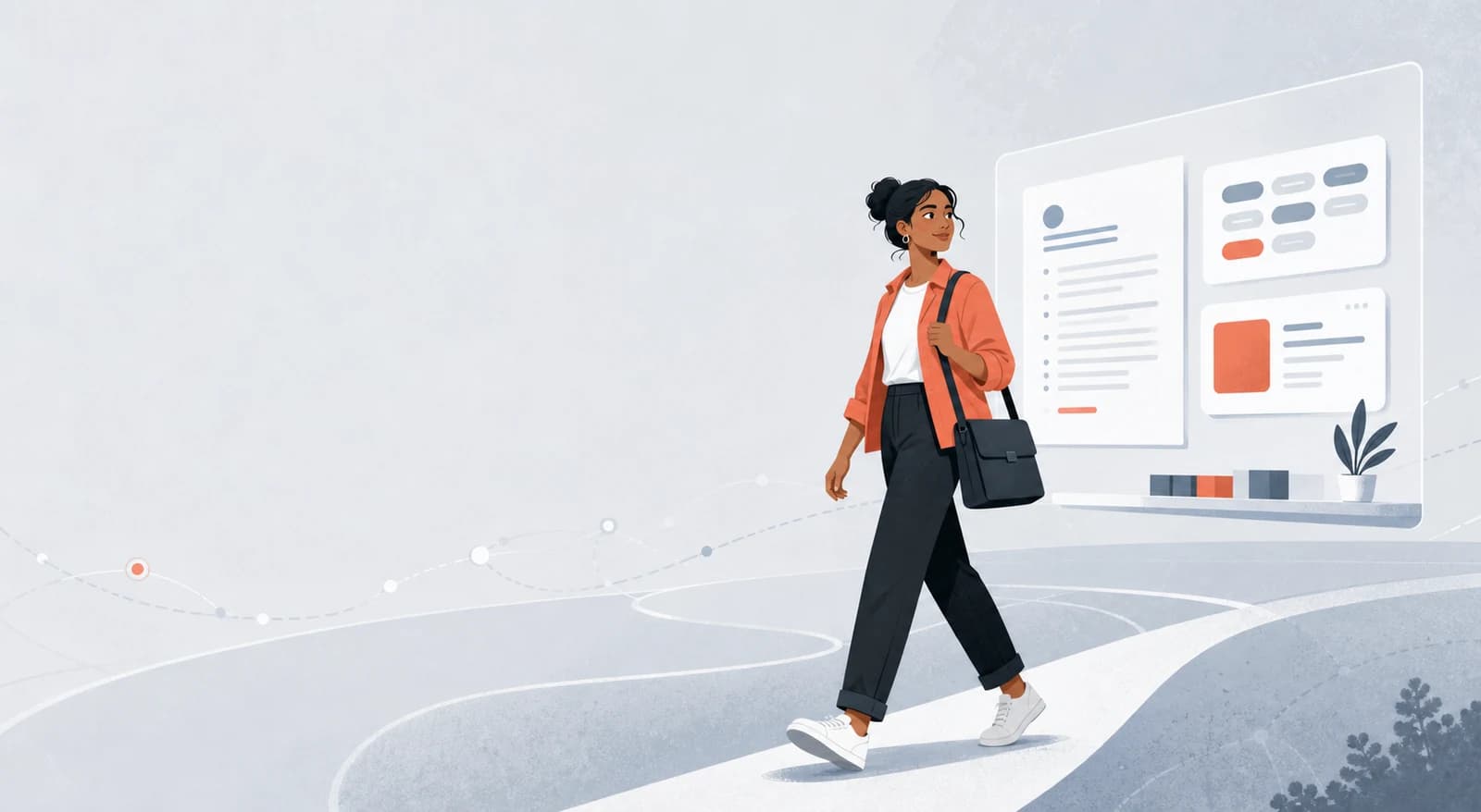 A professional continuing along a career path while their resume and skills workspace stays organized